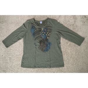 Laura Scott Womens Top X-Large Green Paisley Embellished 3/4 Sleeve Casual